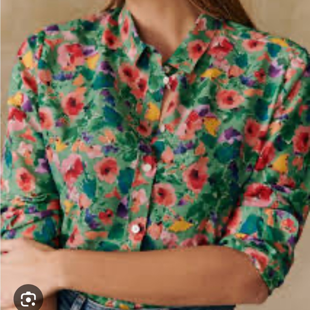 Sezane Multicolored Graphic Button Down Shirt with Mandarin Collar